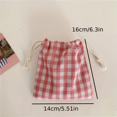 Gingham Drawstring Bag Plaid Storage Pouch Coin Purse Candy Bag