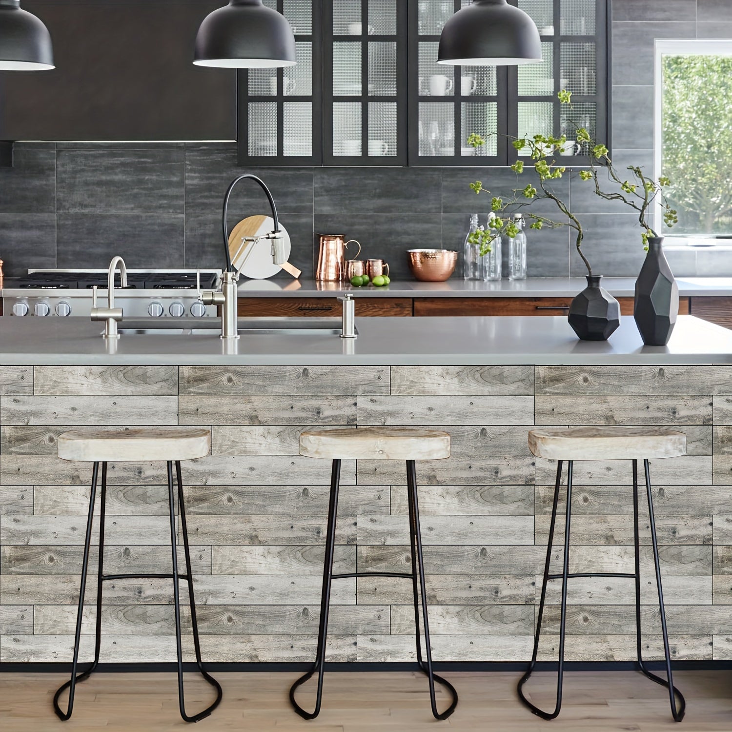 Grey Wood Floor Strips 10pcs Waterproof 15x24cm Coverings for Bathroom Kitchen