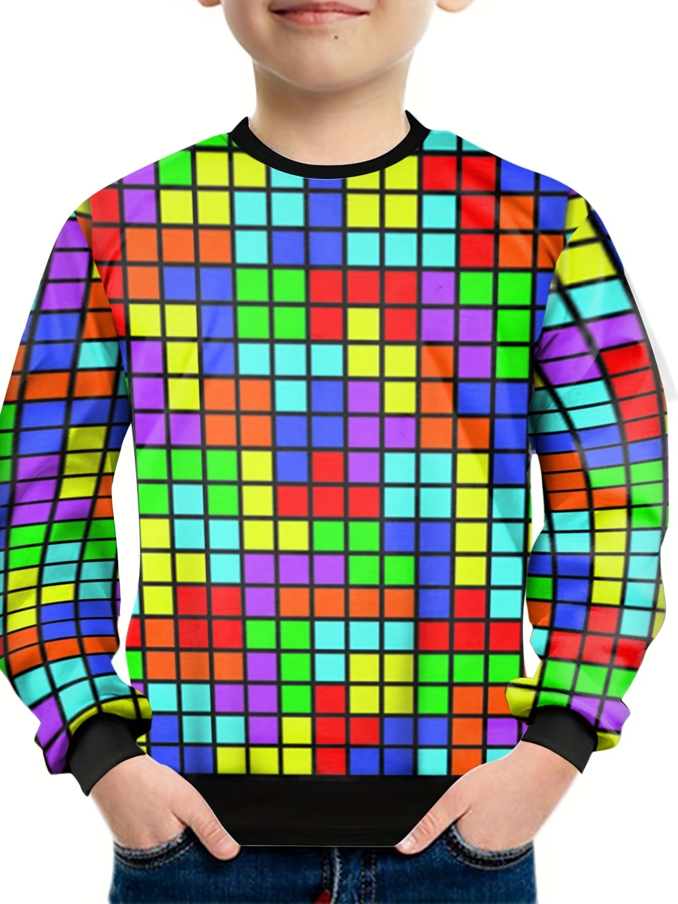 Colorful Squares Print Kid's Sweatshirt Unisex Pullover for Spring Fall Winter