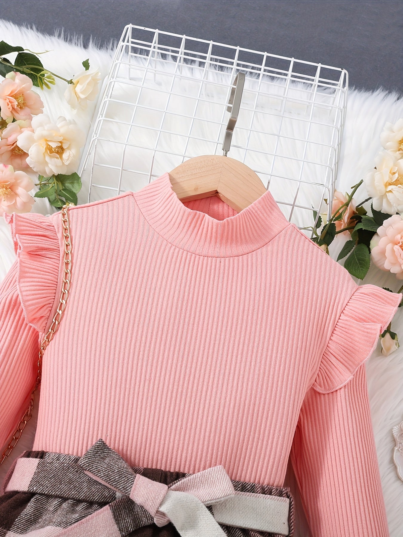 Toddler Baby Girls 2pcs Ruffle Knit Tops Bow Tie Plaid Mini