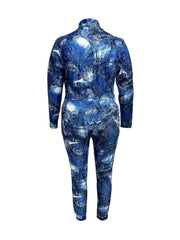 Denim Print Long Sleeve Lapel Collar Jumpsuit