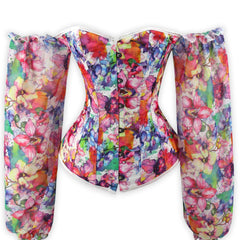 Floral Print Corset Bustier Ruffle Long Sleeve Lace Up Body Shaper