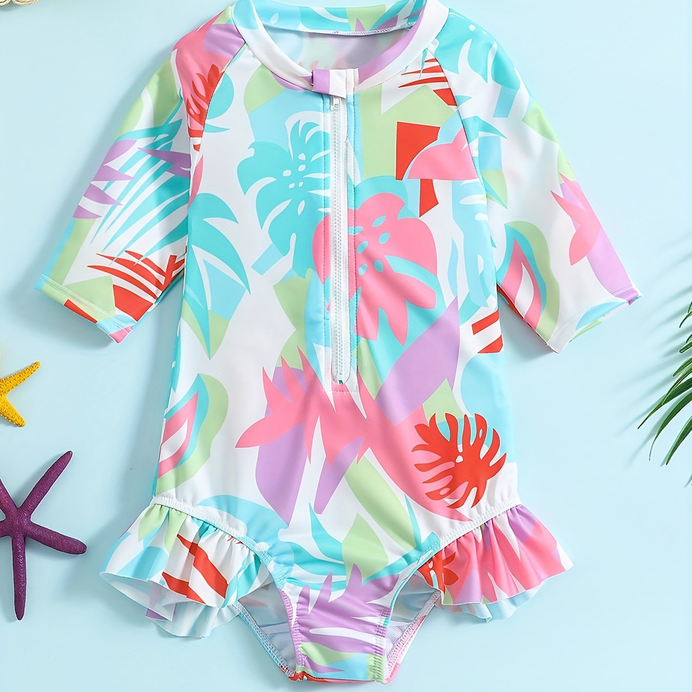 Baby Girls Leaf Graphic Print One Piece Swimsuit Short Sleeve Bathing Suits