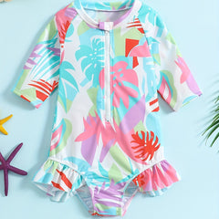 Baby Girls Leaf Graphic Print One Piece Swimsuit Short Sleeve Bathing Suits