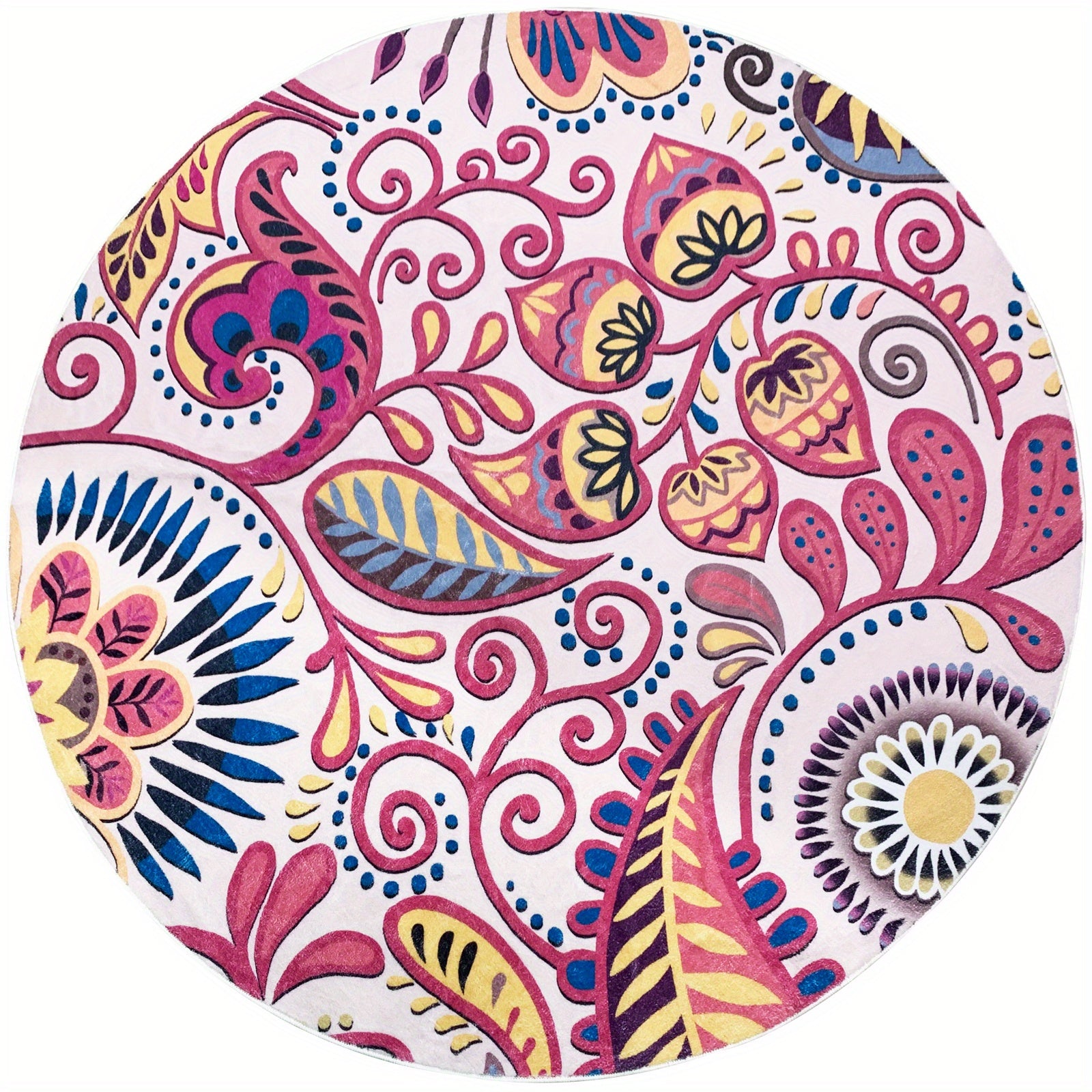 Large Circle Rug Paisley Floral Rugs Machine Washable Low Pile Floor Mat