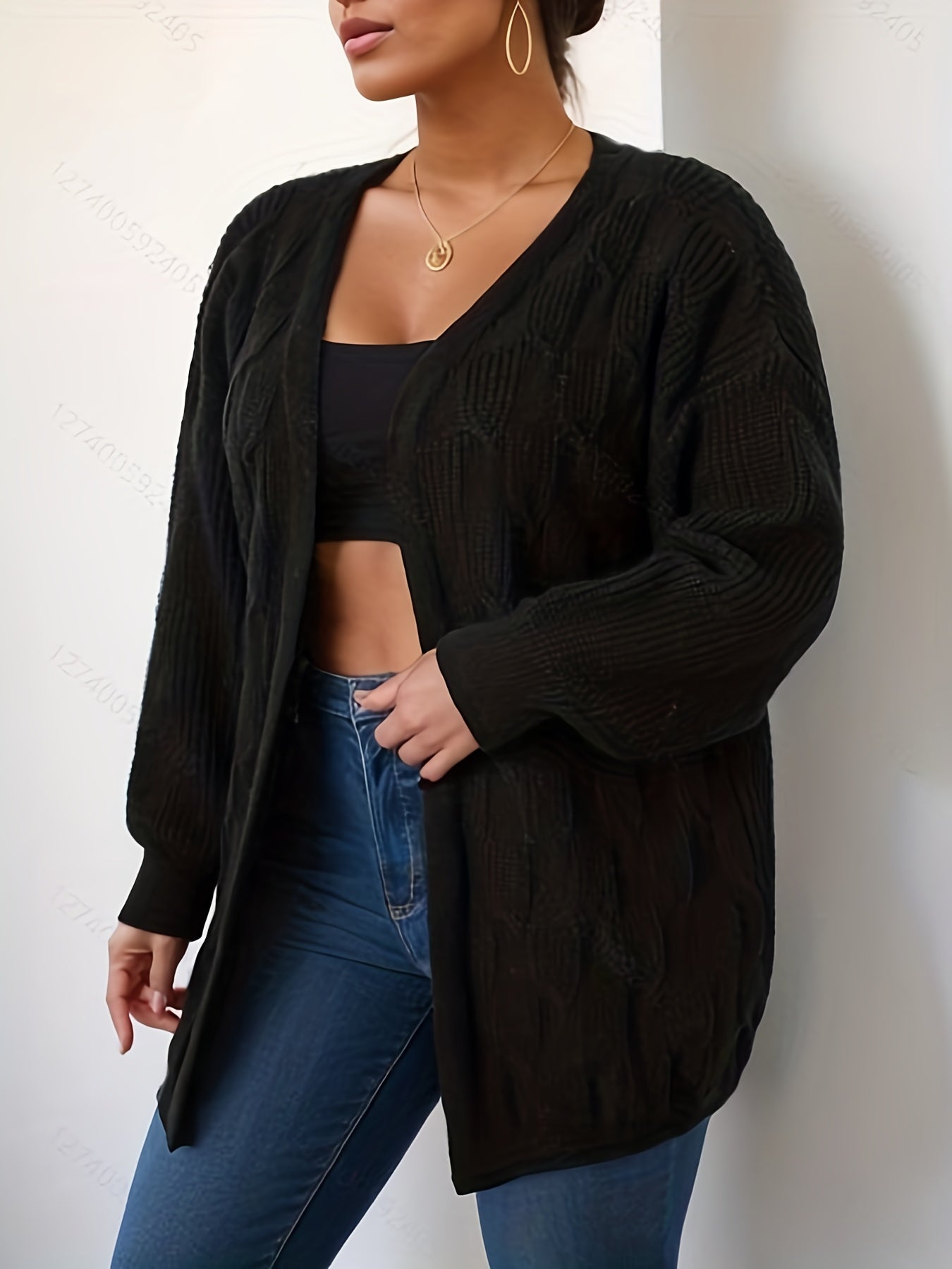 Cable Knit Open Front Long Sleeve Cardigan