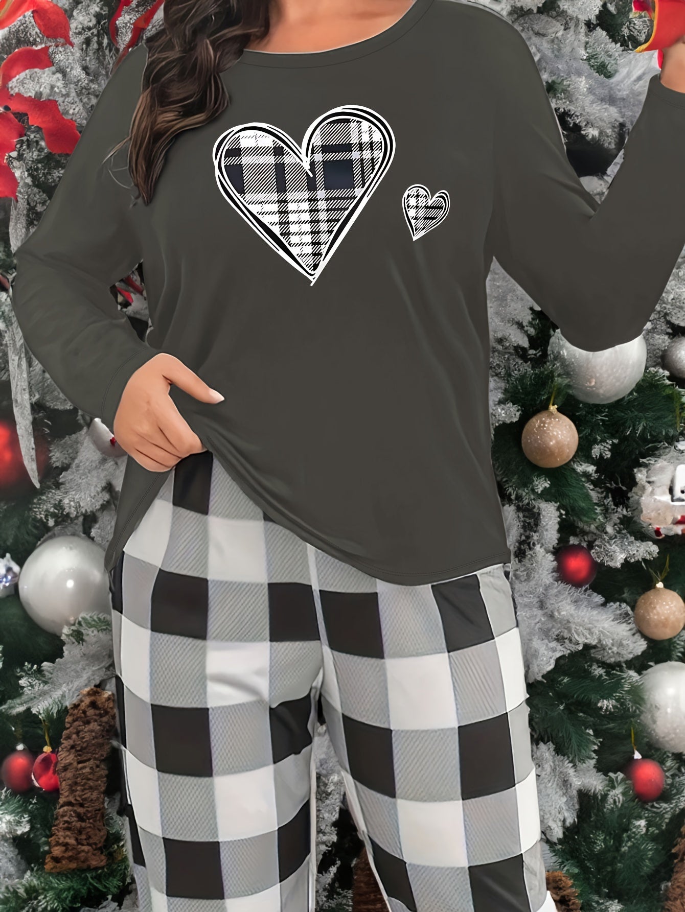 Plaid Heart Print Lounge Top Crew Neck Long Sleeve Women's Sleepwear