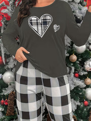 Plaid Heart Print Lounge Top Crew Neck Long Sleeve Women's Sleepwear