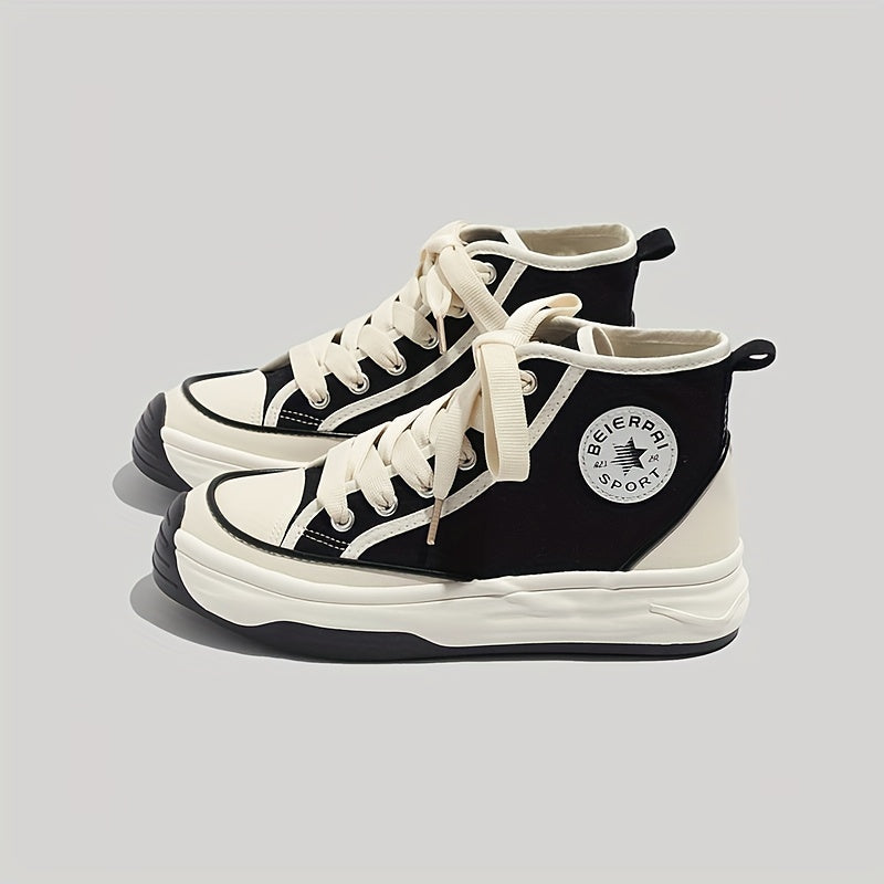 Colorblock Lace Up Canvas Shoes High Round Toe Non Slip Skate Shoes