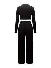 Casual Two-piece Set Long Sleeve Slim Crop Top & Pants