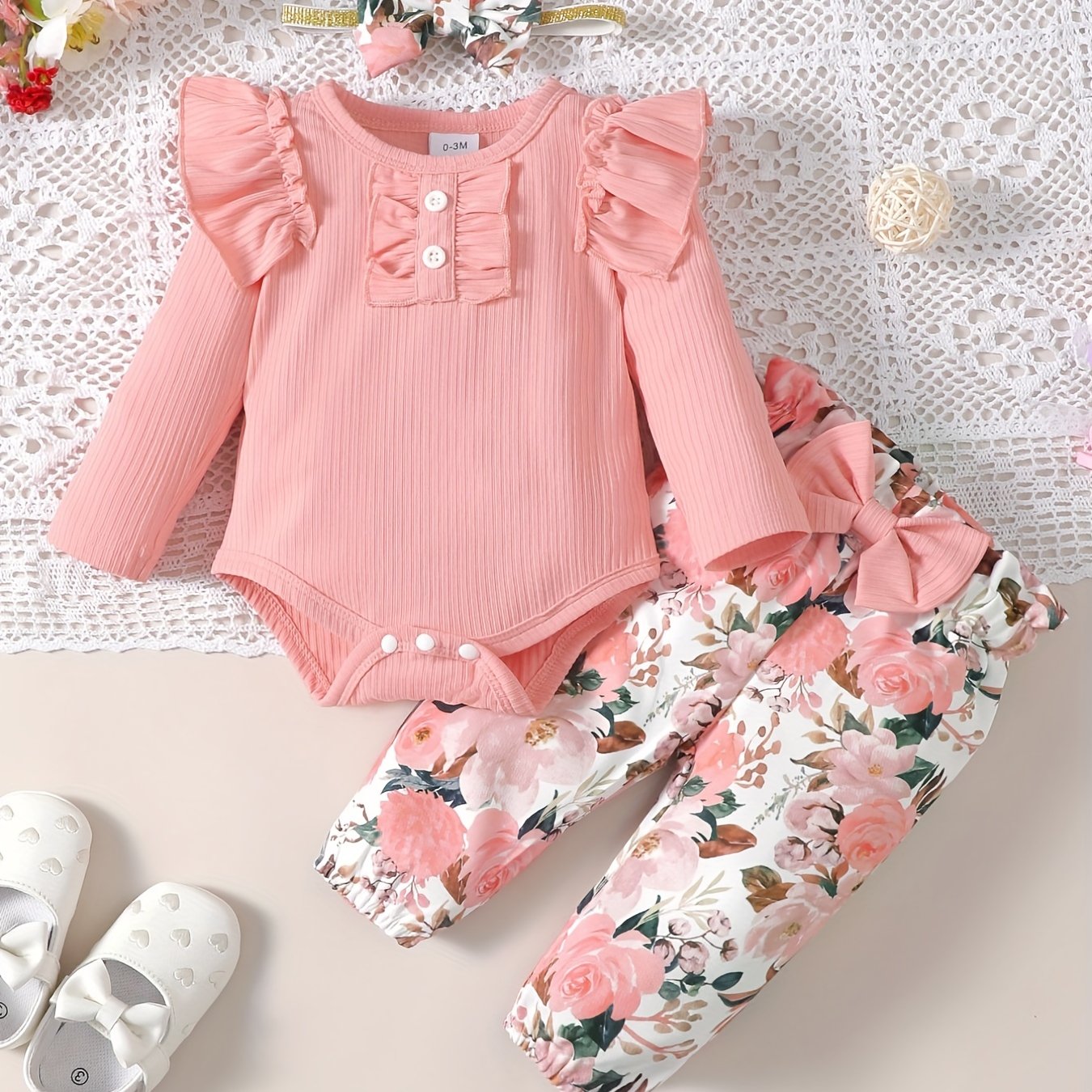 Baby 3pcs Outfits Floral leopard Pants & Ruffle Romper Set