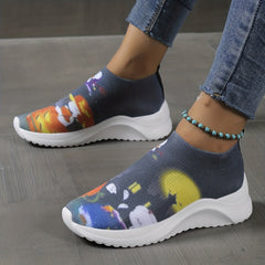 Women's Ghost Face Pumpkin Knitted Slip On Sneakers