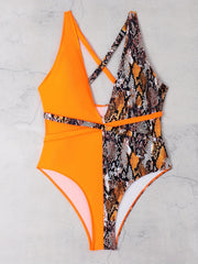 Colorblock Snake Print Criss Cross Deep V Neck Belted Swimsuit