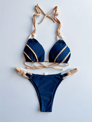 Triangle Bikini Set Halter Neck Ring Weaving Straps Backless High Cut 2 Pieces