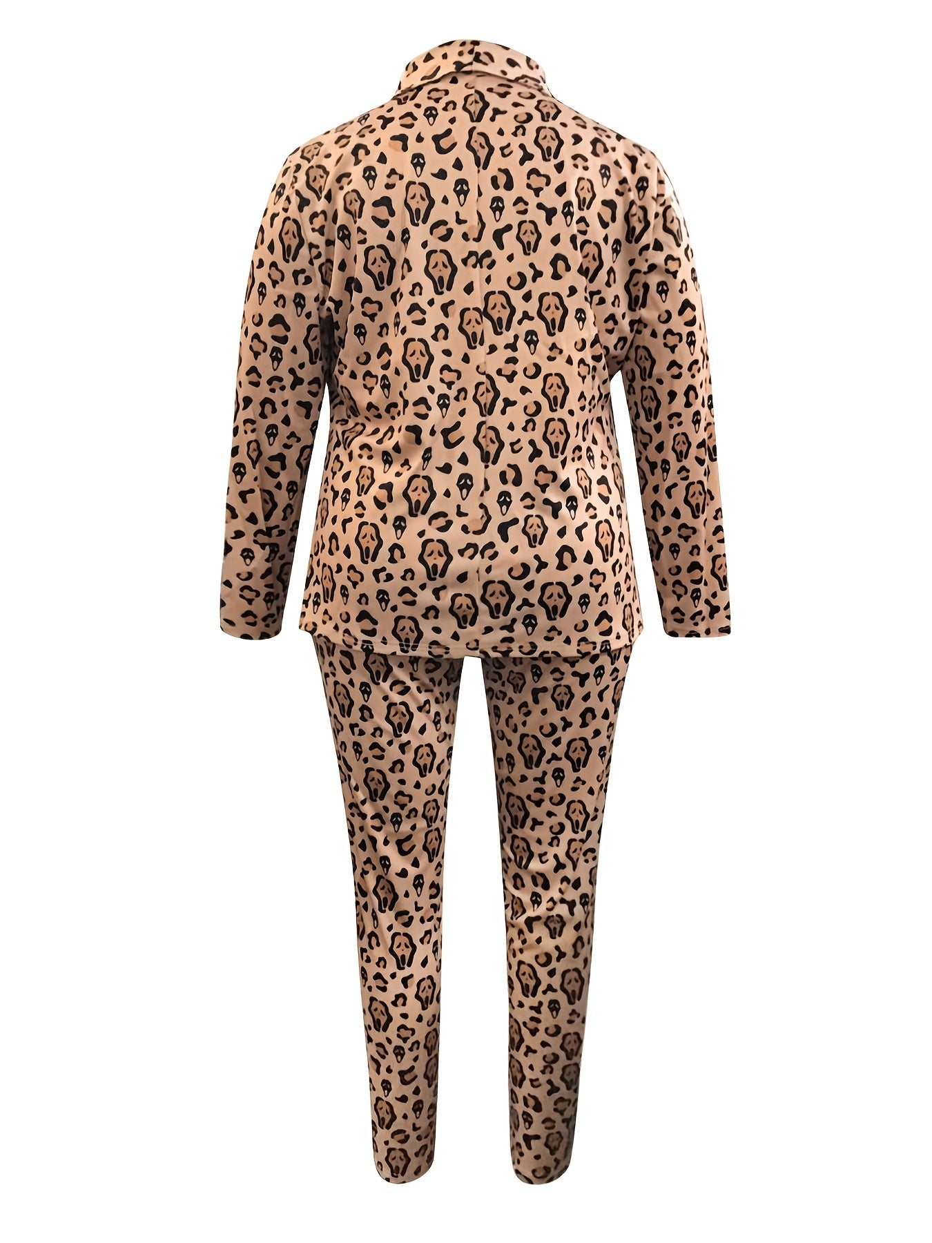 Plus Leopard Print Coat & Elastic Pants Set