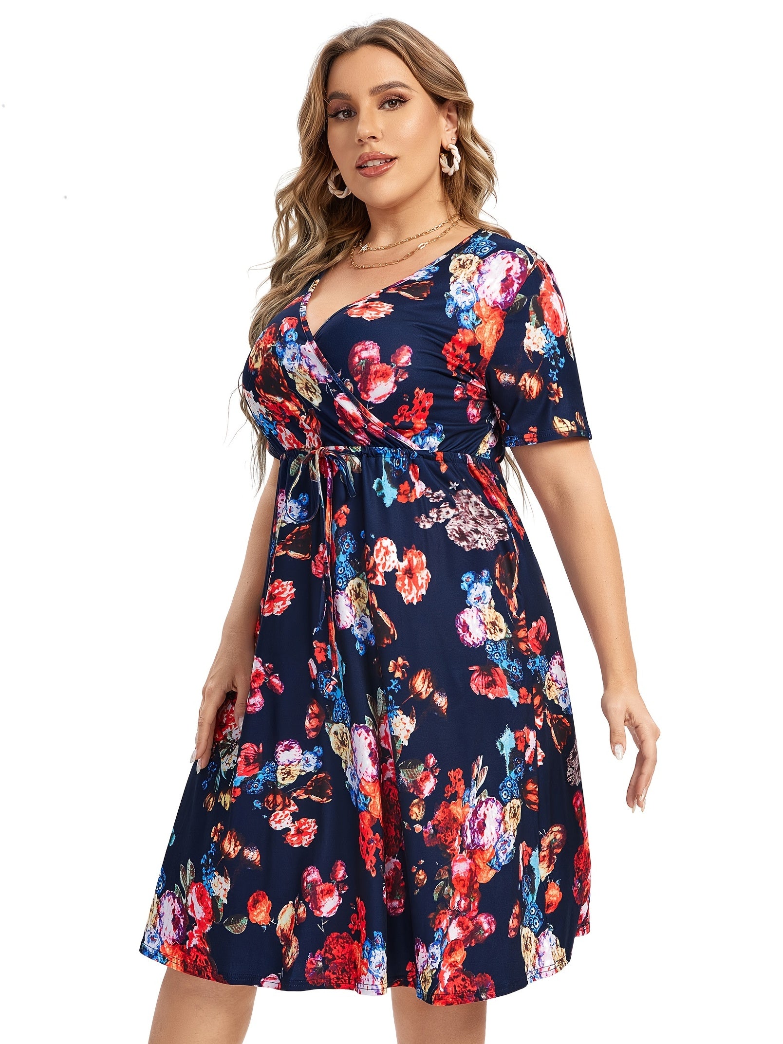 Floral Print V Neck Dress with Drawstring