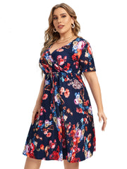 Floral Print V Neck Dress with Drawstring
