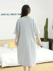 Strawberry Print Lounge Dress Short Sleeve Crew Neck Striped Home Dress