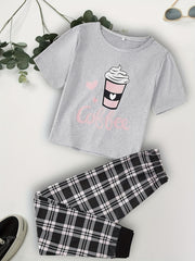 Ice Cream & Plaid Pajama Set Short Sleeve Crew Neck Top & Pants