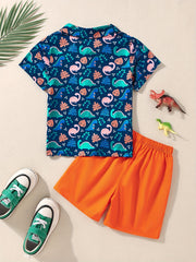 Boys Dino & Leaves Print Polo Shirt & Shorts Set