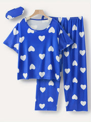 Satin Heart Print Pajama Set With Eye Mask