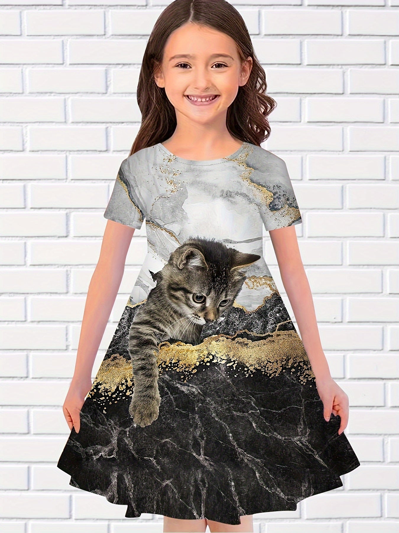 Gorgeous 3D Cat Print Short Sleeve Dress Summer Clothes