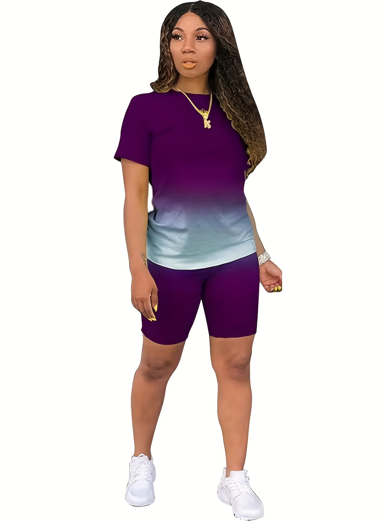 Gradient Casual 2pc Set Crew Neck Tee & Slim Shorts Outfits Women's Clothing