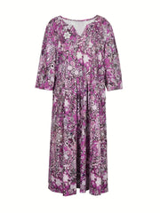 Allover Floral Print Short Sleeve Notched Neck Dress With Pockets