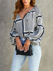 Colorblock Geometric Print Lantern Sleeve Blouse