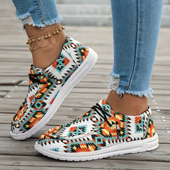Women's Southwest Pattern Boat Shoes Lightweight Round Toe Lace Up Flat Shoes