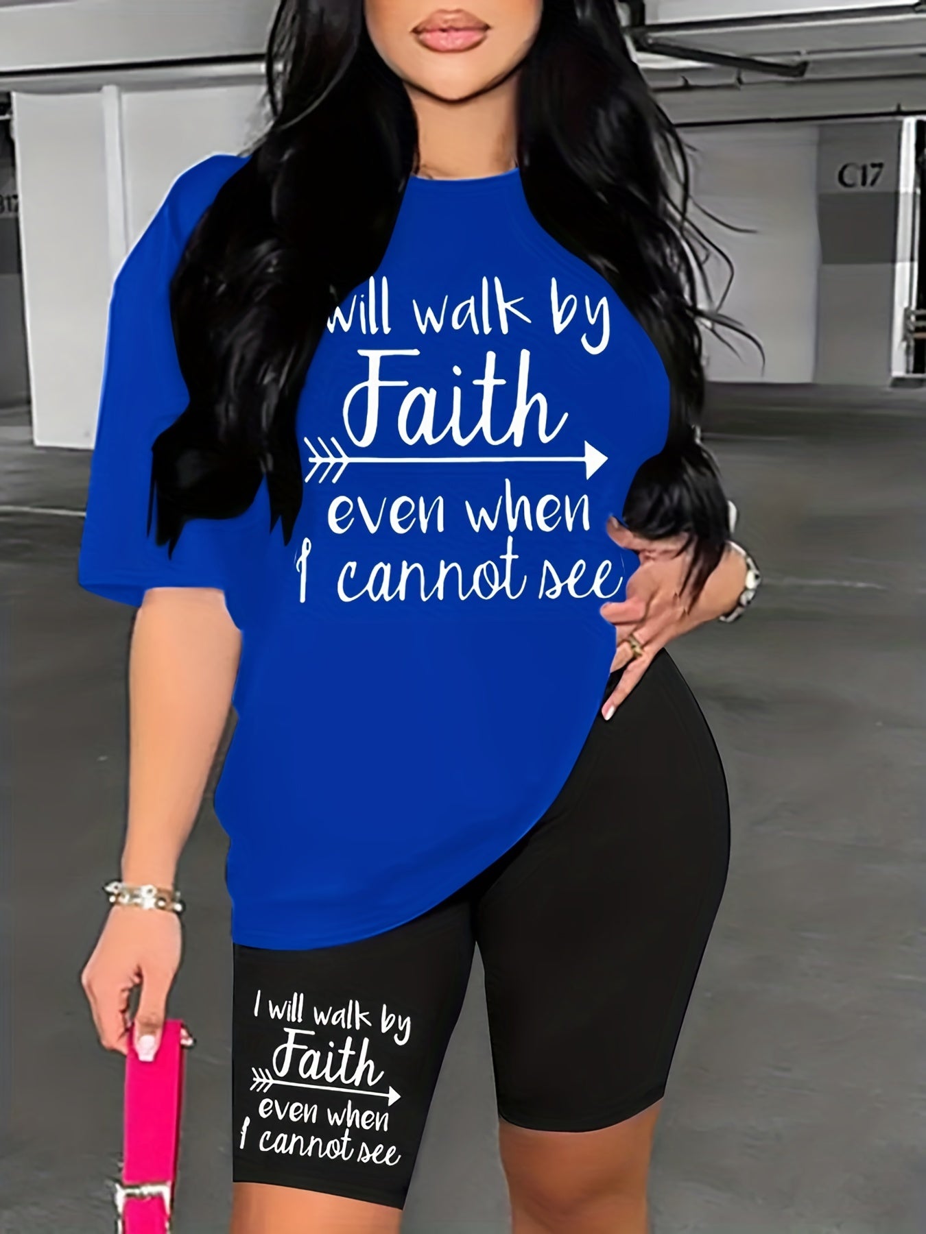 Letter Print Two piece Casual Short Sleeve T shirt & Skinny Shorts Set