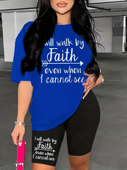 Letter Print Two piece Casual Short Sleeve T shirt & Skinny Shorts Set
