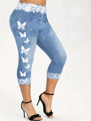 Printed Denim Slim Leggings High Waist Casual Women's Clothing