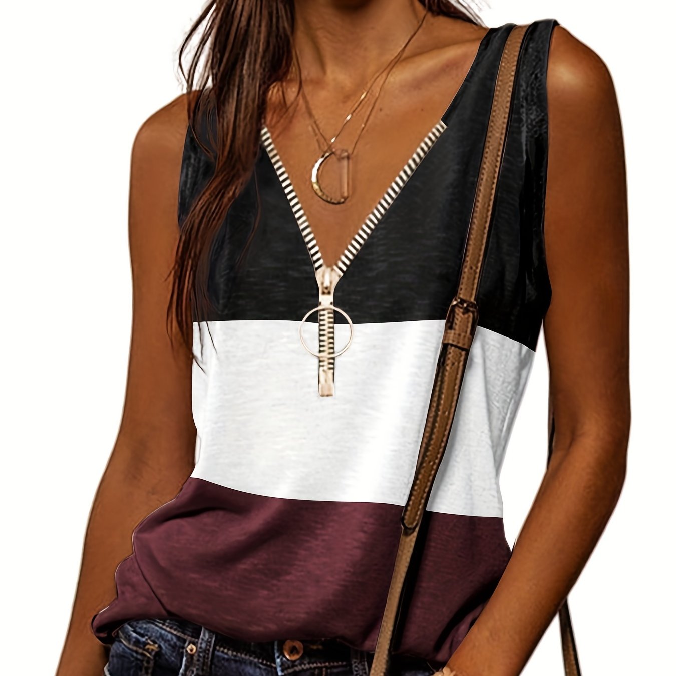 Casual V Neck Sleeveless Tank Top Zip Up for Summer