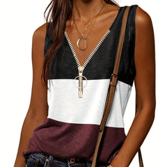 Casual V Neck Sleeveless Tank Top Zip Up for Summer