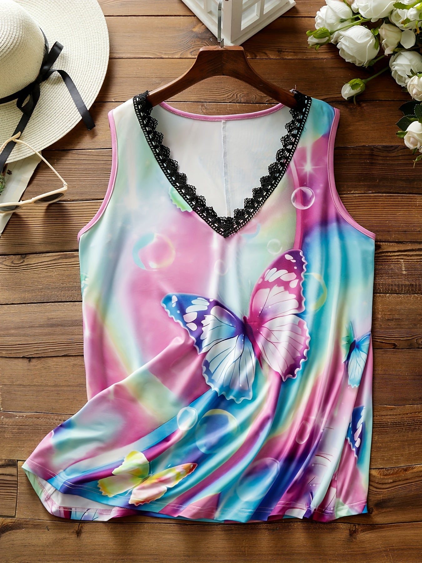 Bubble & Butterfly Print Lace Trim V Neck Tank Top
