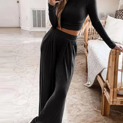 Casual Two piece Set Crew Neck Long Sleeve Tops & High Waist Wide Leg Pants