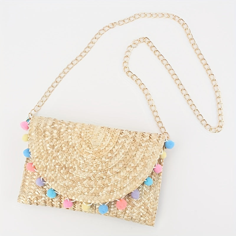 Furball Crossbody Bag Straw Braided Beach Bag