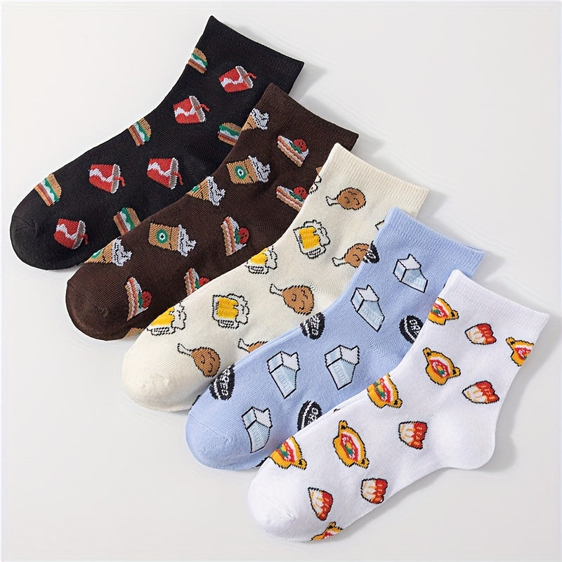 5 Pairs Cartoon Food Print Socks & Funny Mid Tube Women's Stockings