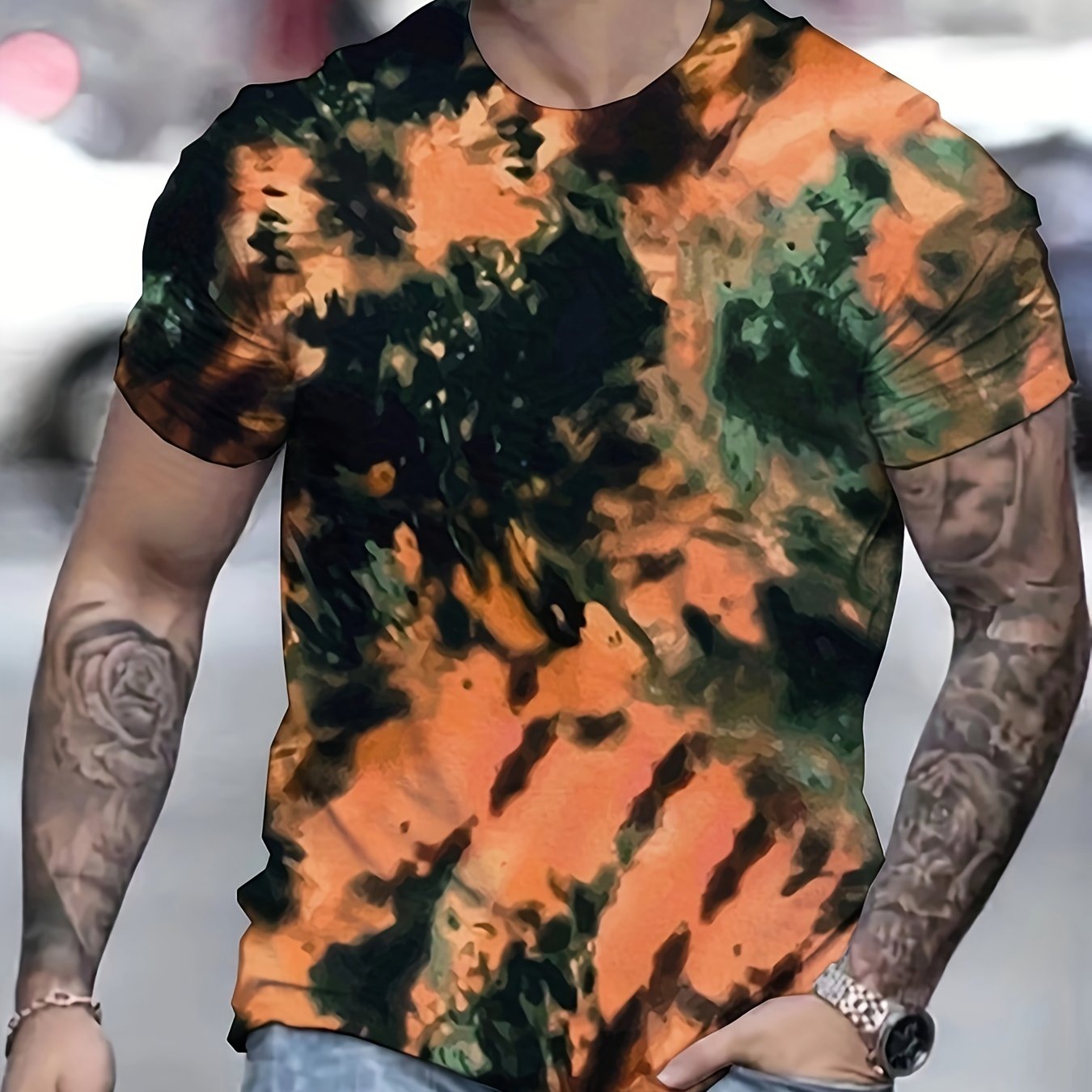 Men's Allover Print Sports Tee Casual Round Neck T-shirt