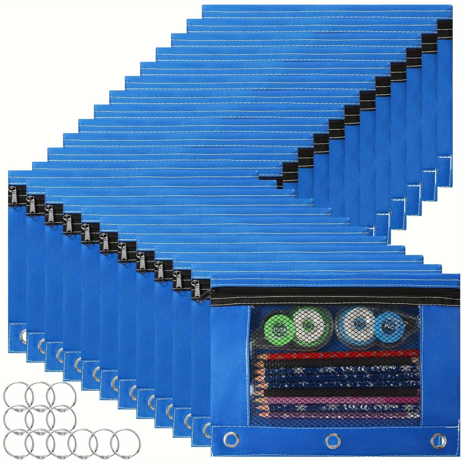 24pcs Large Pencil Pouch for 3 Ring Binder and 12pcs 2.54cm Rings Key Rings