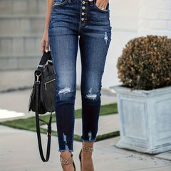 Ripped Cropped Skinny Jeans High Waist Distressed Denim Pants Women's