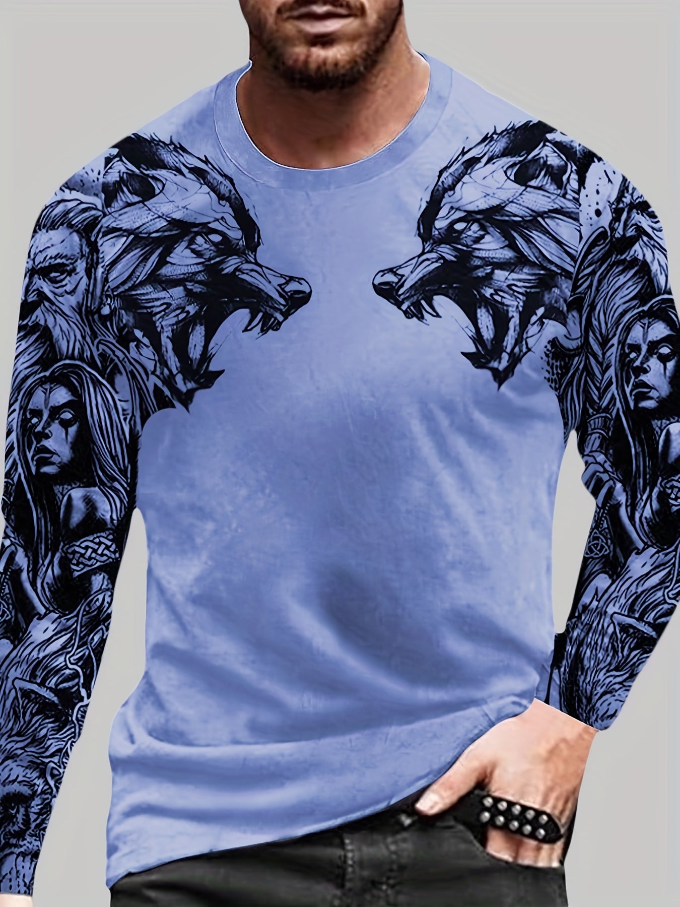 Wolf Pattern Print Men's Graphic Long Sleejson formatves Crew Neck T shirt