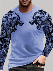 Wolf Pattern Print Men's Graphic Long Sleejson formatves Crew Neck T shirt
