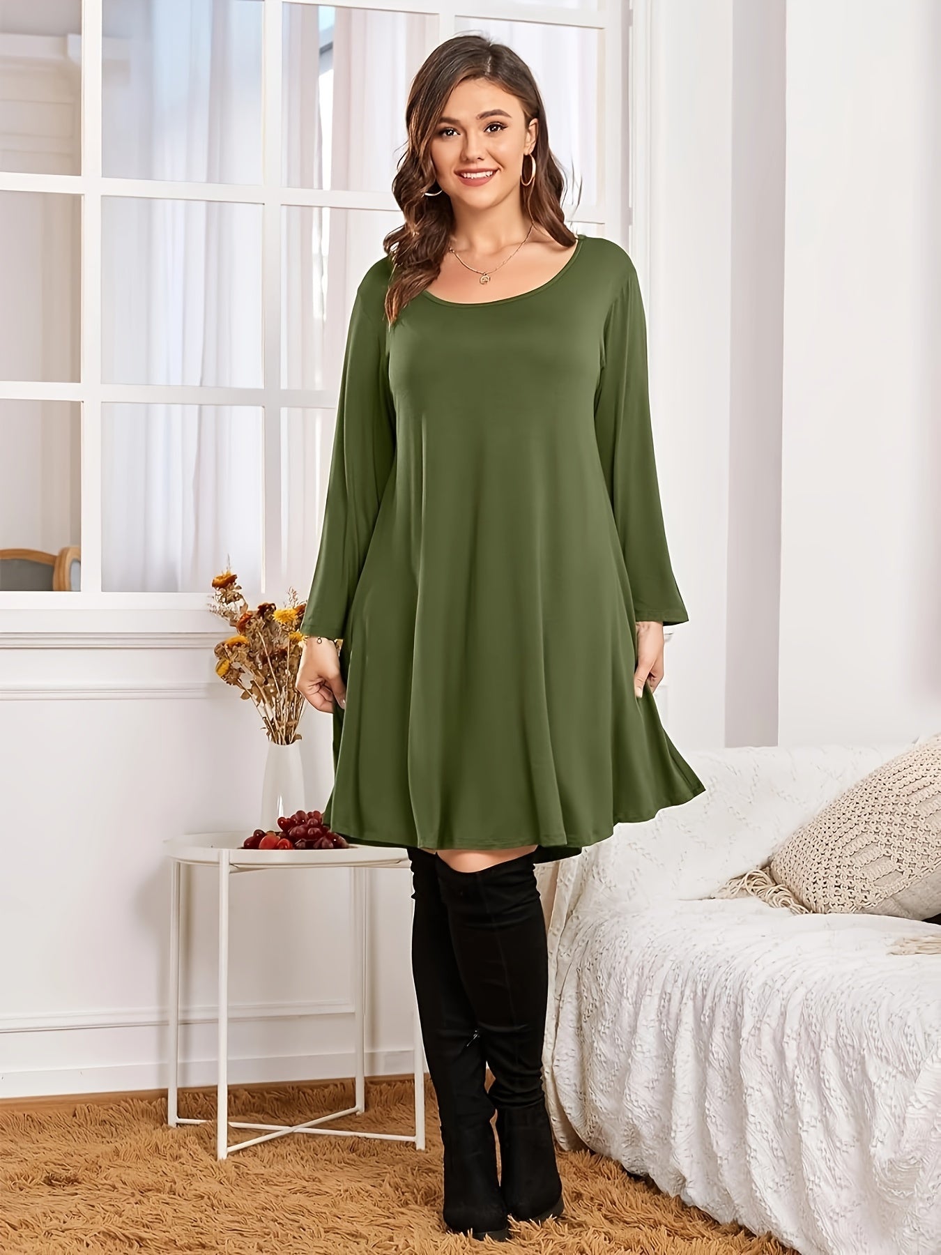 Casual Dress Women's Solid Long Sleeve Loose Fit Mini Dress