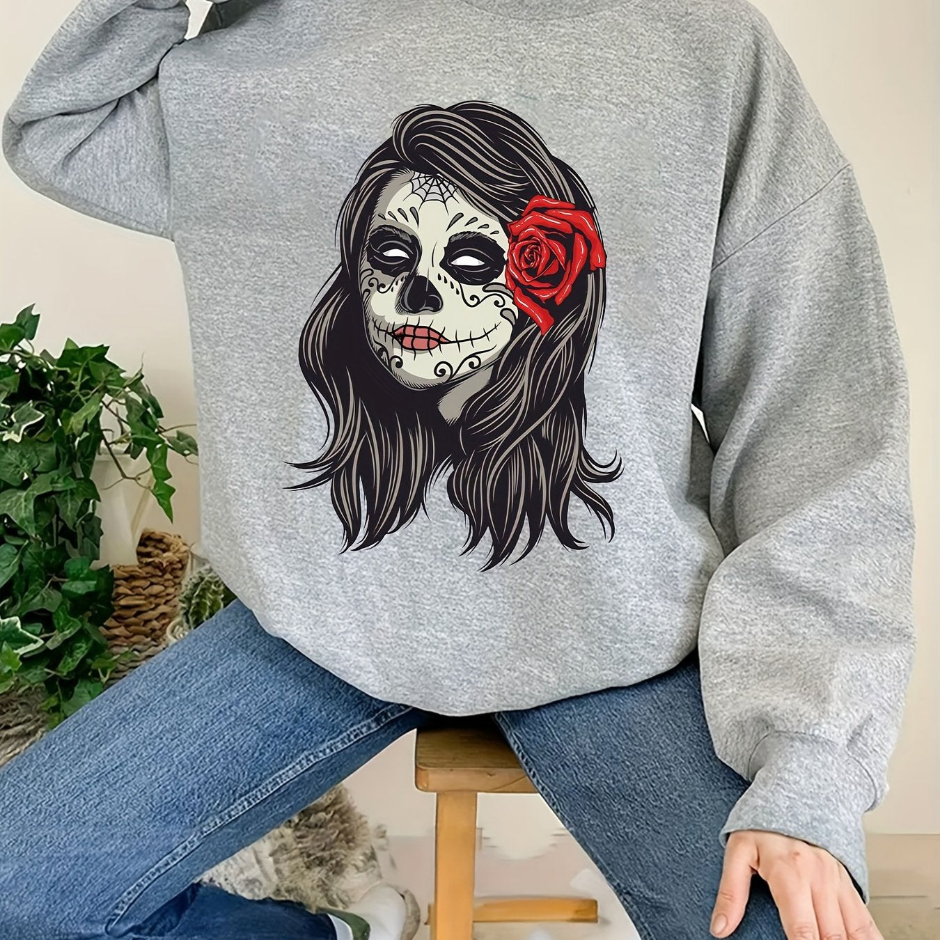 Skull Print Sweatshirt Crew Neck Long Sleeve Casual Top
