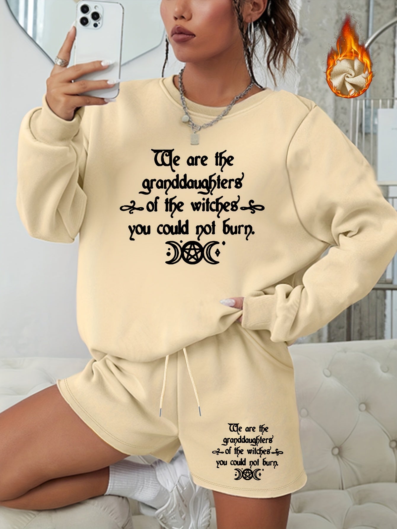 Plus Size 2 Piece Set Women's Slogan & Moon Print Sweatshirt & Shorts Outfits
