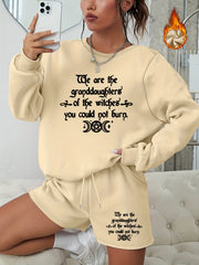 Plus Size 2 Piece Set Women's Slogan & Moon Print Sweatshirt & Shorts Outfits