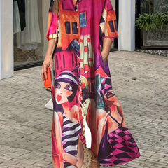 Painting Print Button Up Maxi Shirt Dress
