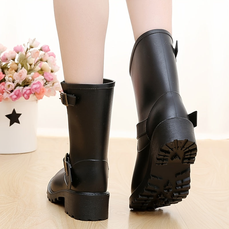 Women's Chunky Heel Rain Boots Waterproof Mid Calf Booties